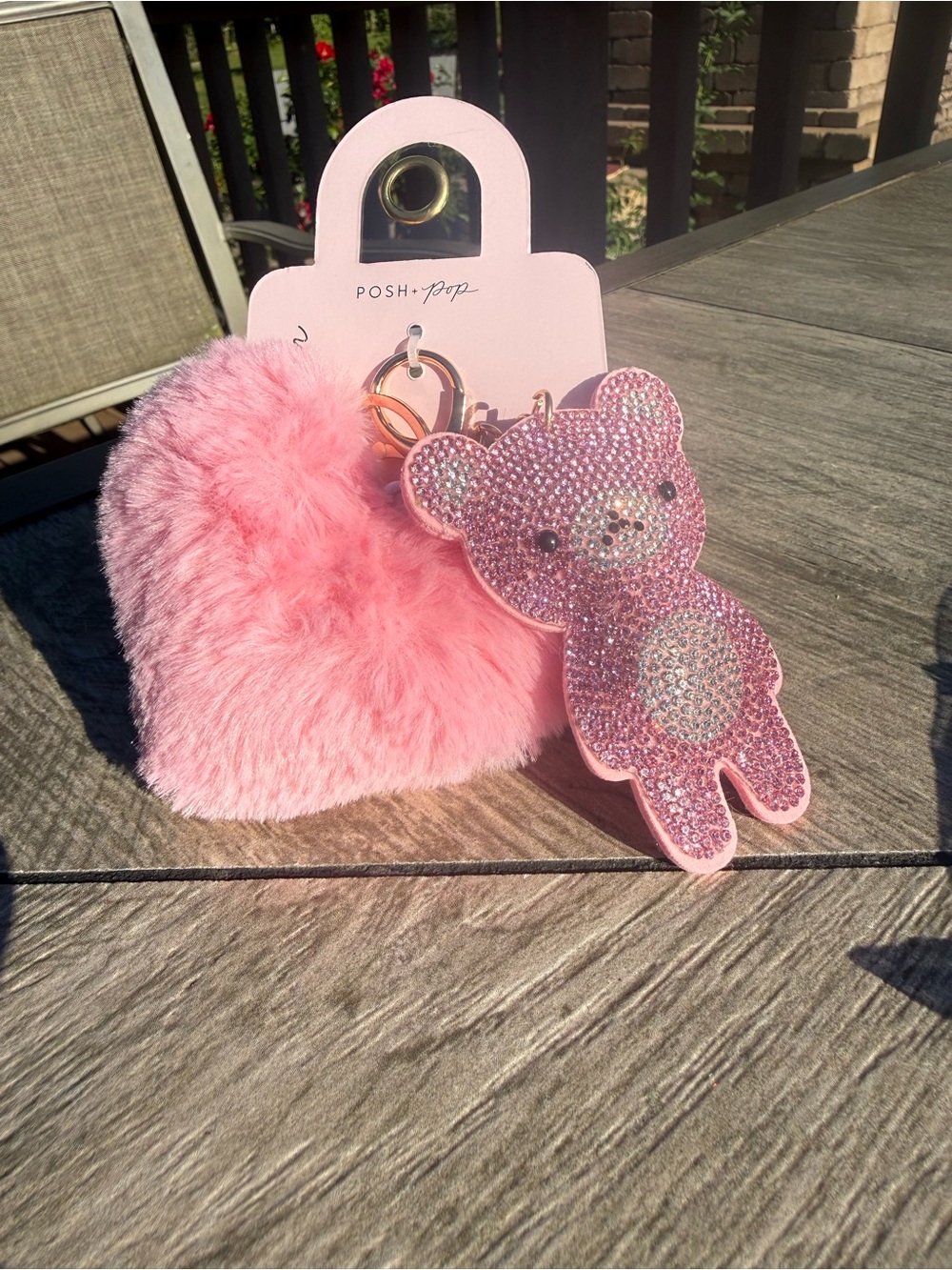 NWT Pink Fuzzy Heart & Crystal Teddy Keychain Adorable